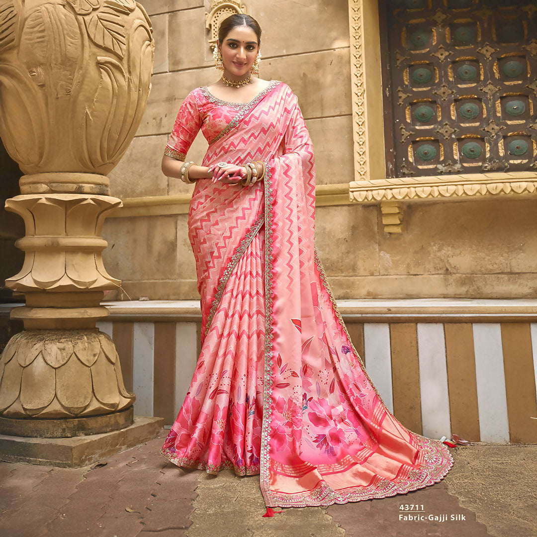 Pink Gajji Silk Foil With Moti Work Saree With Unstitched Blouse - Norita Gajri
