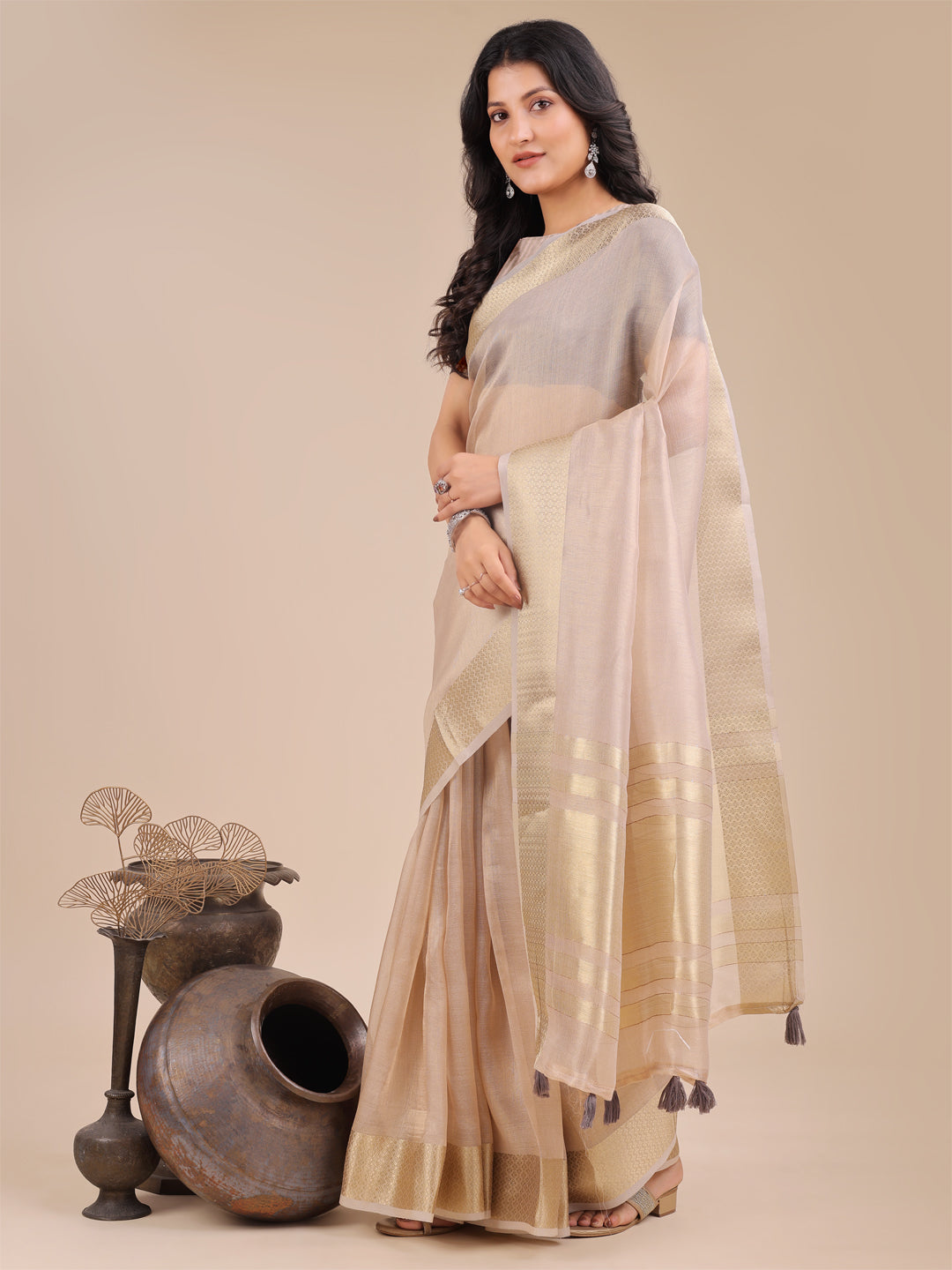 Shree Shyam Fashion Light Pink Organza Woven Zari Work Traditional Tassel Saree