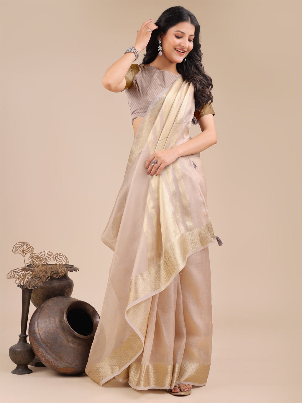 Shree Shyam Fashion Light Pink Organza Woven Zari Work Traditional Tassel Saree