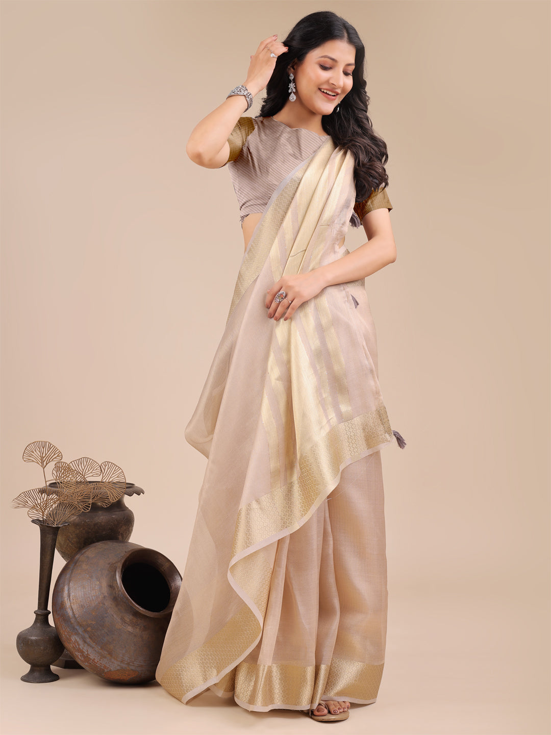 Shree Shyam Fashion Light Pink Organza Woven Zari Work Traditional Tassel Saree