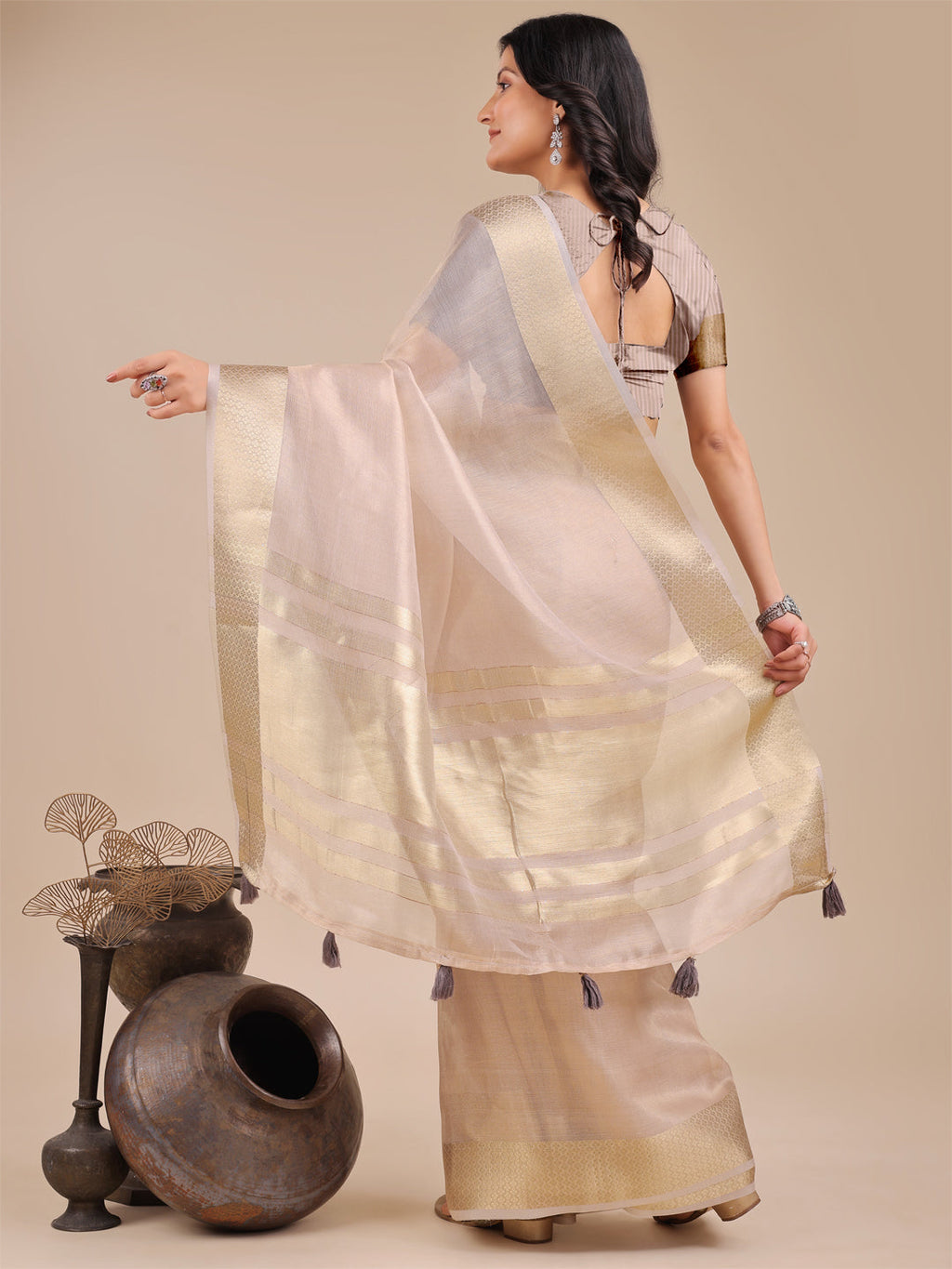 Shree Shyam Fashion Light Pink Organza Woven Zari Work Traditional Tassel Saree