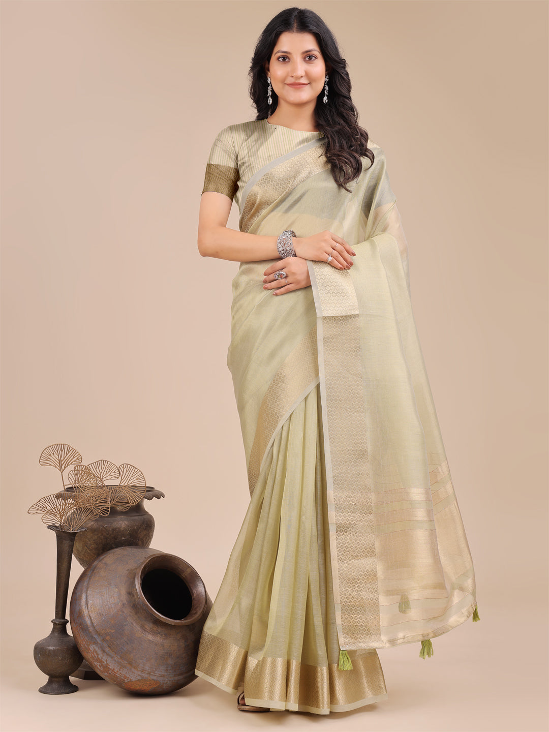 Shree Shyam Fashion Light Green Organza Woven Zari Work Traditional Tassel Saree