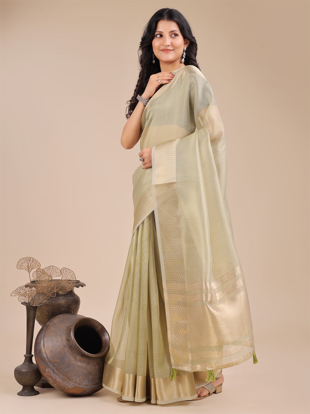 Shree Shyam Fashion Light Green Organza Woven Zari Work Traditional Tassel Saree