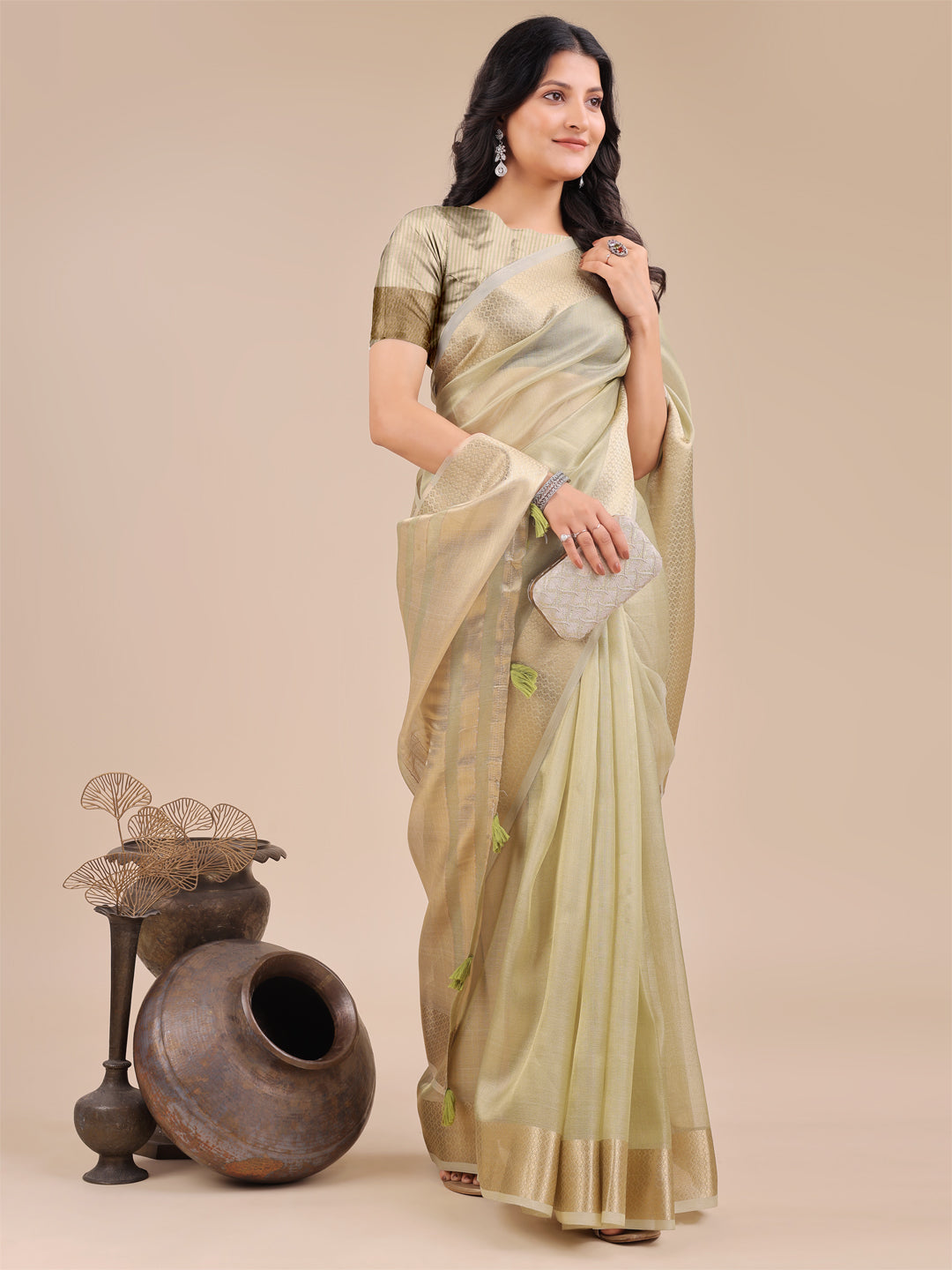Shree Shyam Fashion Light Green Organza Woven Zari Work Traditional Tassel Saree