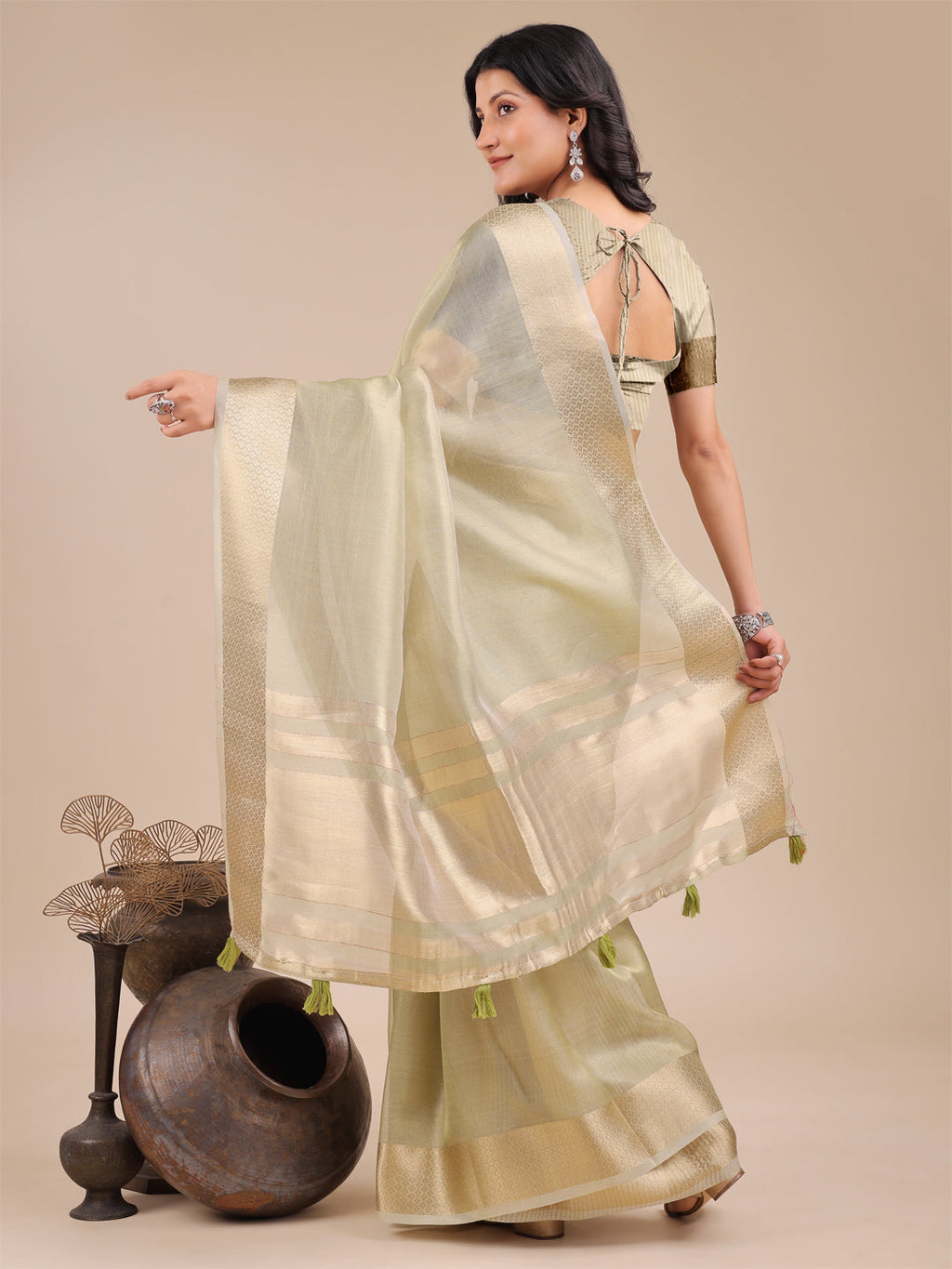 Shree Shyam Fashion Light Green Organza Woven Zari Work Traditional Tassel Saree