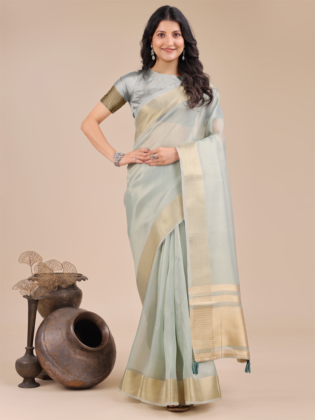 Shree Shyam Fashion Sea Green Organza Woven Zari Work Traditional Tassel Saree