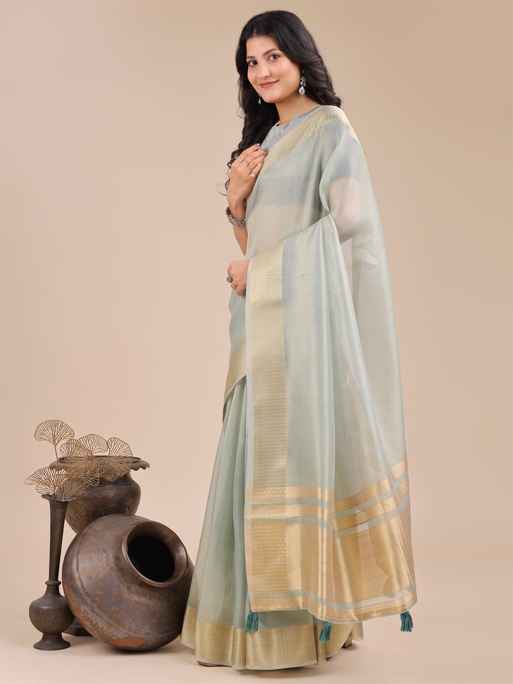 Shree Shyam Fashion Sea Green Organza Woven Zari Work Traditional Tassel Saree