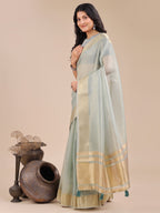 Shree Shyam Fashion Sea Green Organza Woven Zari Work Traditional Tassel Saree