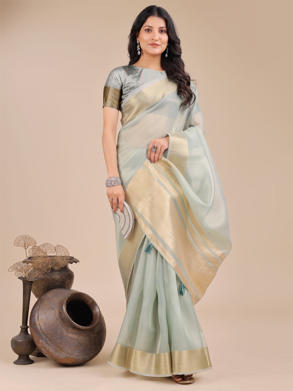 Shree Shyam Fashion Sea Green Organza Woven Zari Work Traditional Tassel Saree