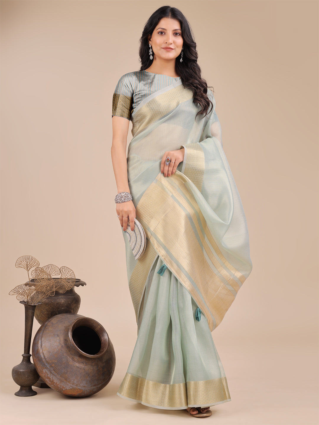 Shree Shyam Fashion Sea Green Organza Woven Zari Work Traditional Tassel Saree