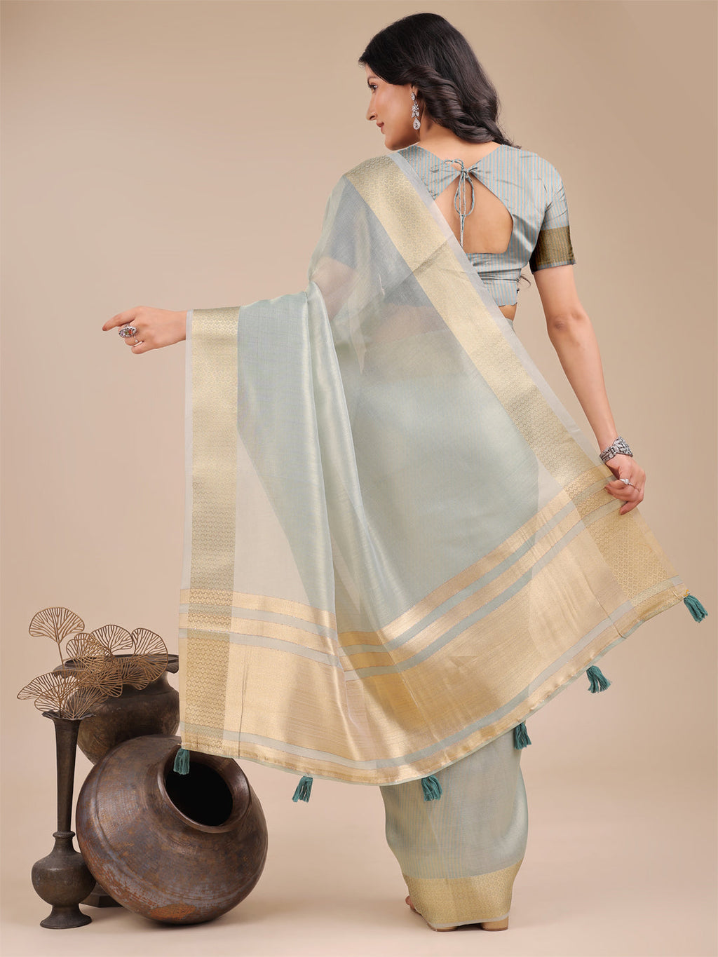 Shree Shyam Fashion Sea Green Organza Woven Zari Work Traditional Tassel Saree