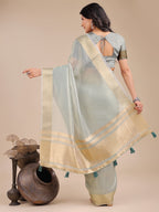 Shree Shyam Fashion Sea Green Organza Woven Zari Work Traditional Tassel Saree