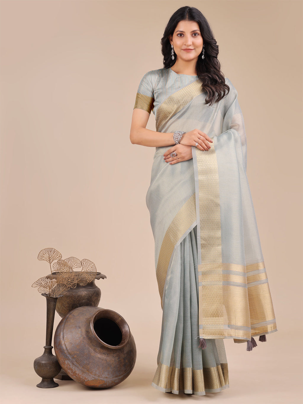 Shree Shyam Fashion Sky Blue Organza Woven Zari Work Traditional Tassel Saree