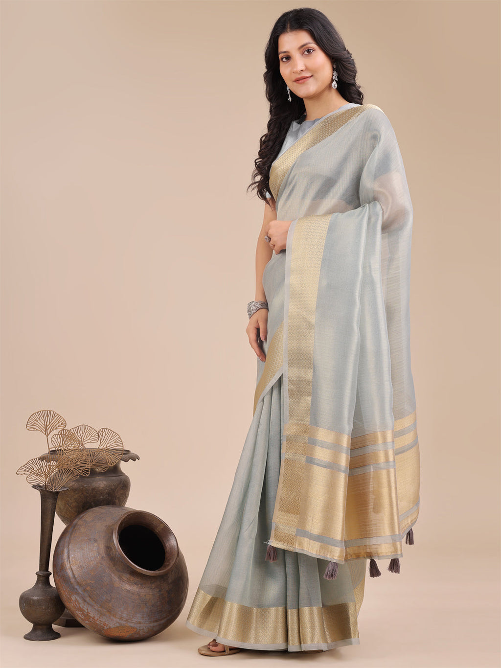 Shree Shyam Fashion Sky Blue Organza Woven Zari Work Traditional Tassel Saree
