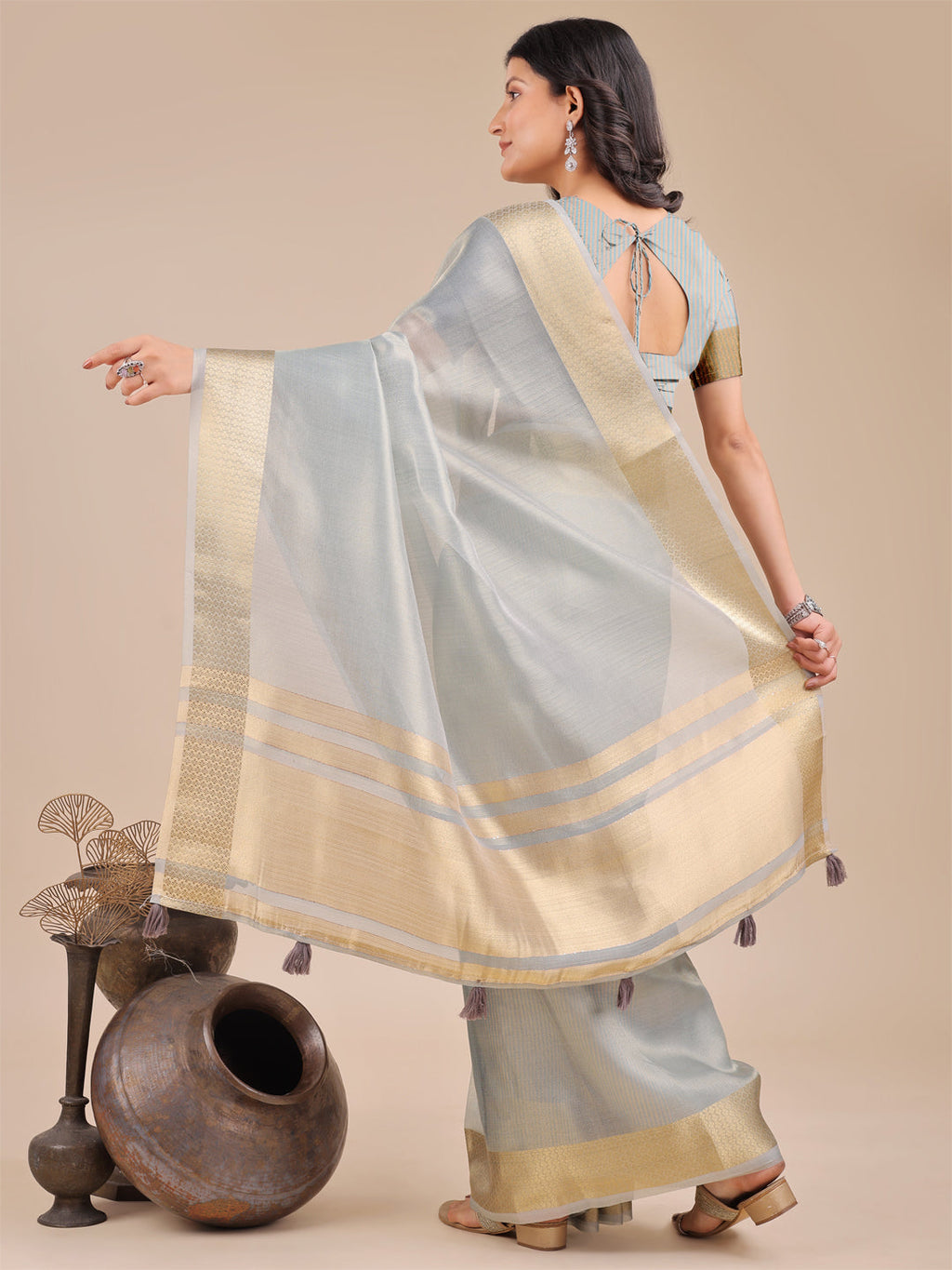 Shree Shyam Fashion Sky Blue Organza Woven Zari Work Traditional Tassel Saree