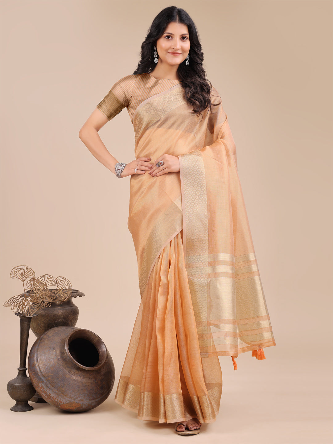 Shree Shyam Fashion Orange Organza Woven Zari Work Traditional Tassel Saree