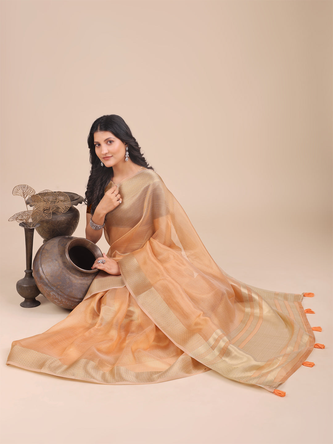 Shree Shyam Fashion Orange Organza Woven Zari Work Traditional Tassel Saree