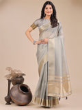Shree Shyam Fashion Grey Organza Woven Zari Work Traditional Tassel Saree