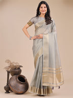 Shree Shyam Fashion Grey Organza Woven Zari Work Traditional Tassel Saree