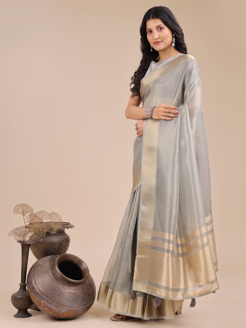 Shree Shyam Fashion Grey Organza Woven Zari Work Traditional Tassel Saree