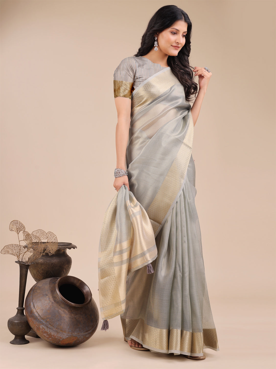 Shree Shyam Fashion Grey Organza Woven Zari Work Traditional Tassel Saree