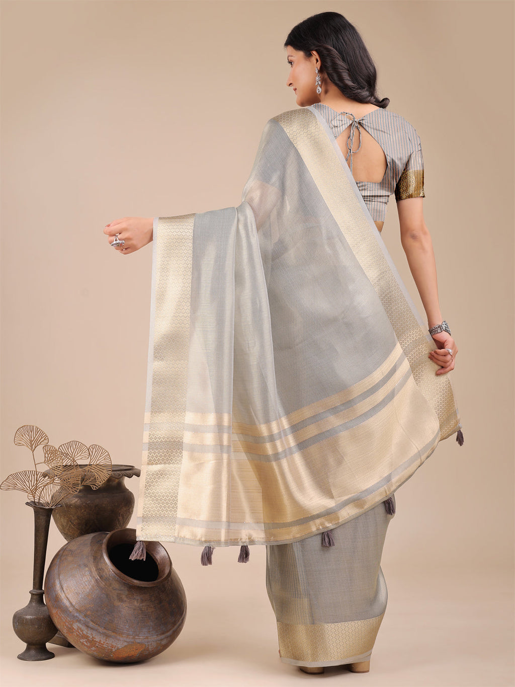 Shree Shyam Fashion Grey Organza Woven Zari Work Traditional Tassel Saree