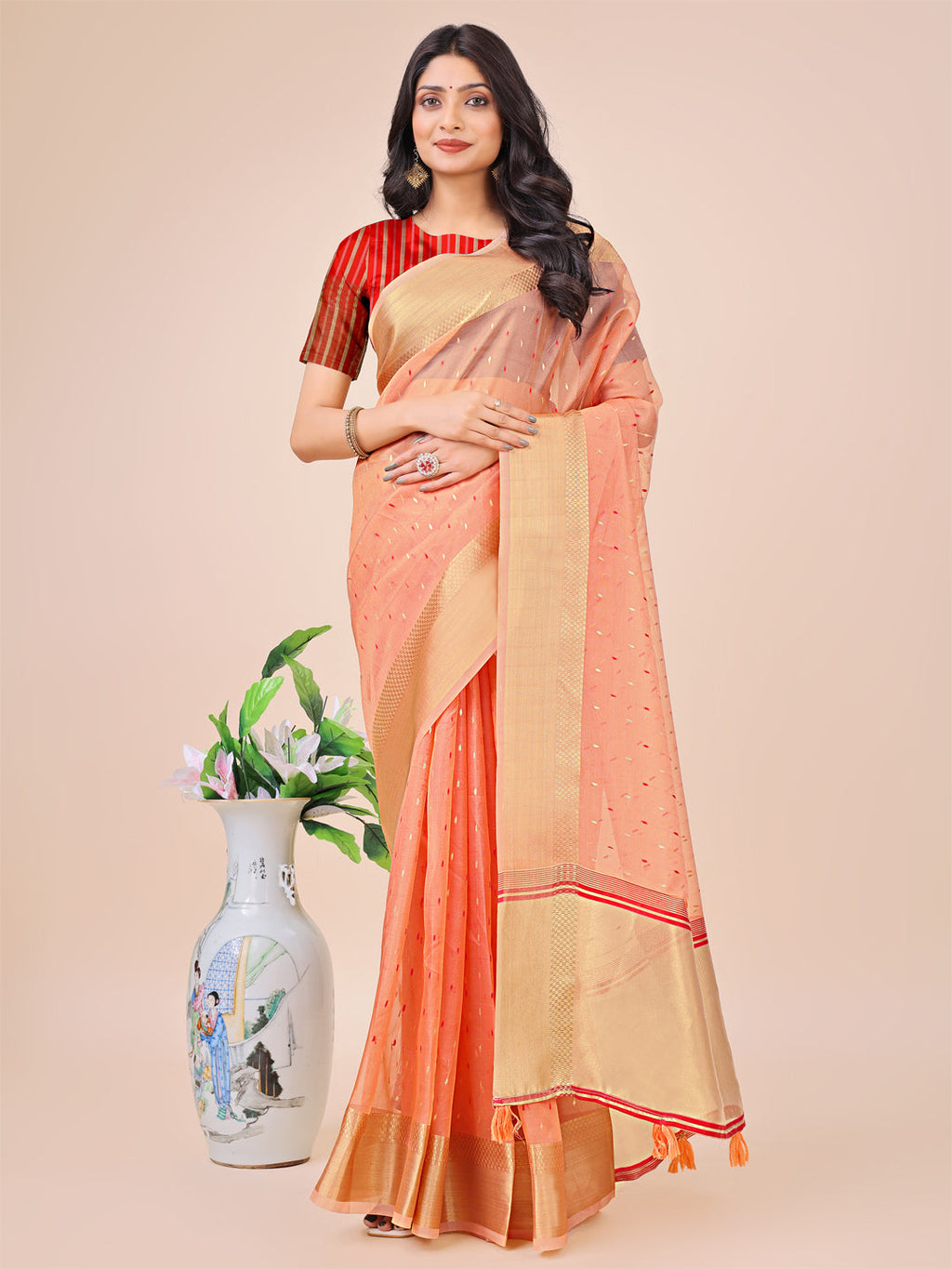 Shree Shyam Fashion Peach Gold Organza Silk Saree - Lightweight Luxury for Your Ethnic Moments