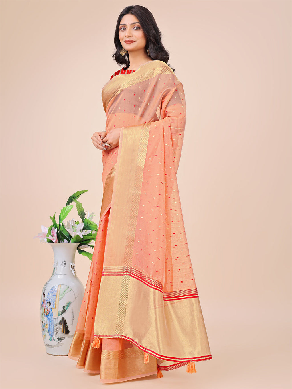 Shree Shyam Fashion Peach Gold Organza Silk Saree - Lightweight Luxury for Your Ethnic Moments