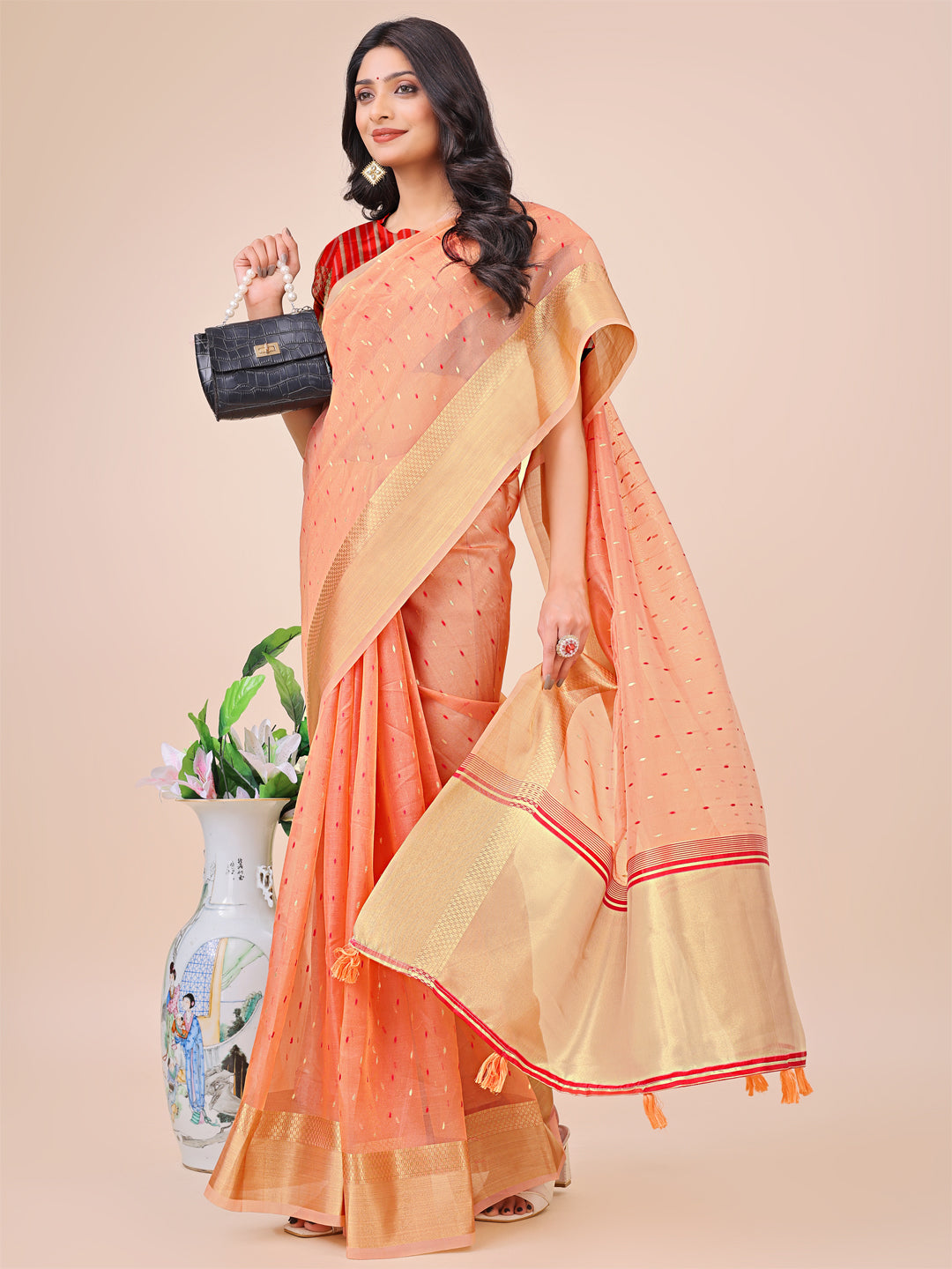 Shree Shyam Fashion Peach Gold Organza Silk Saree - Lightweight Luxury for Your Ethnic Moments