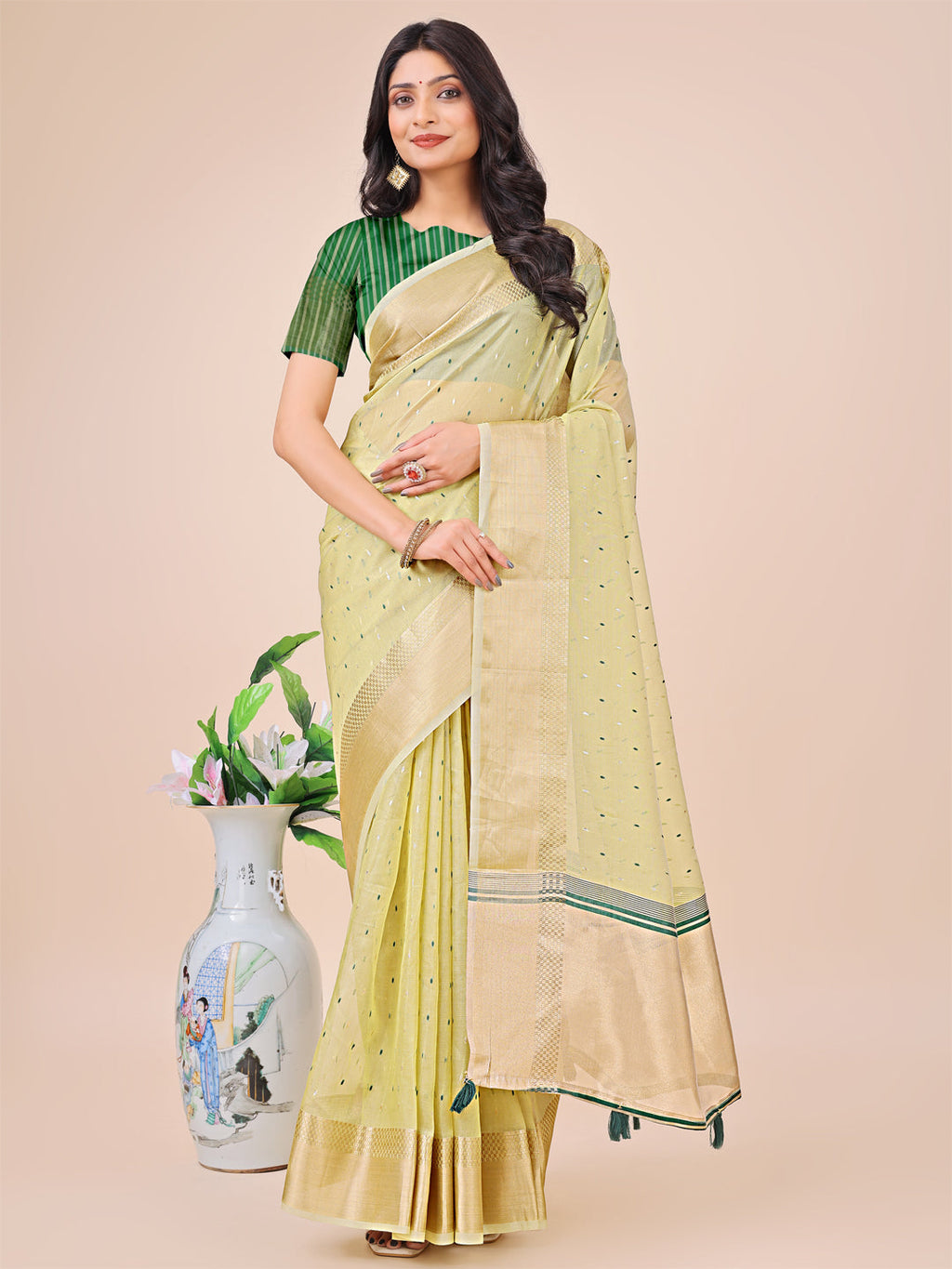 Shree Shyam Fashion Light Green Gold Organza Silk Saree - Lightweight Luxury for Your Ethnic Moments