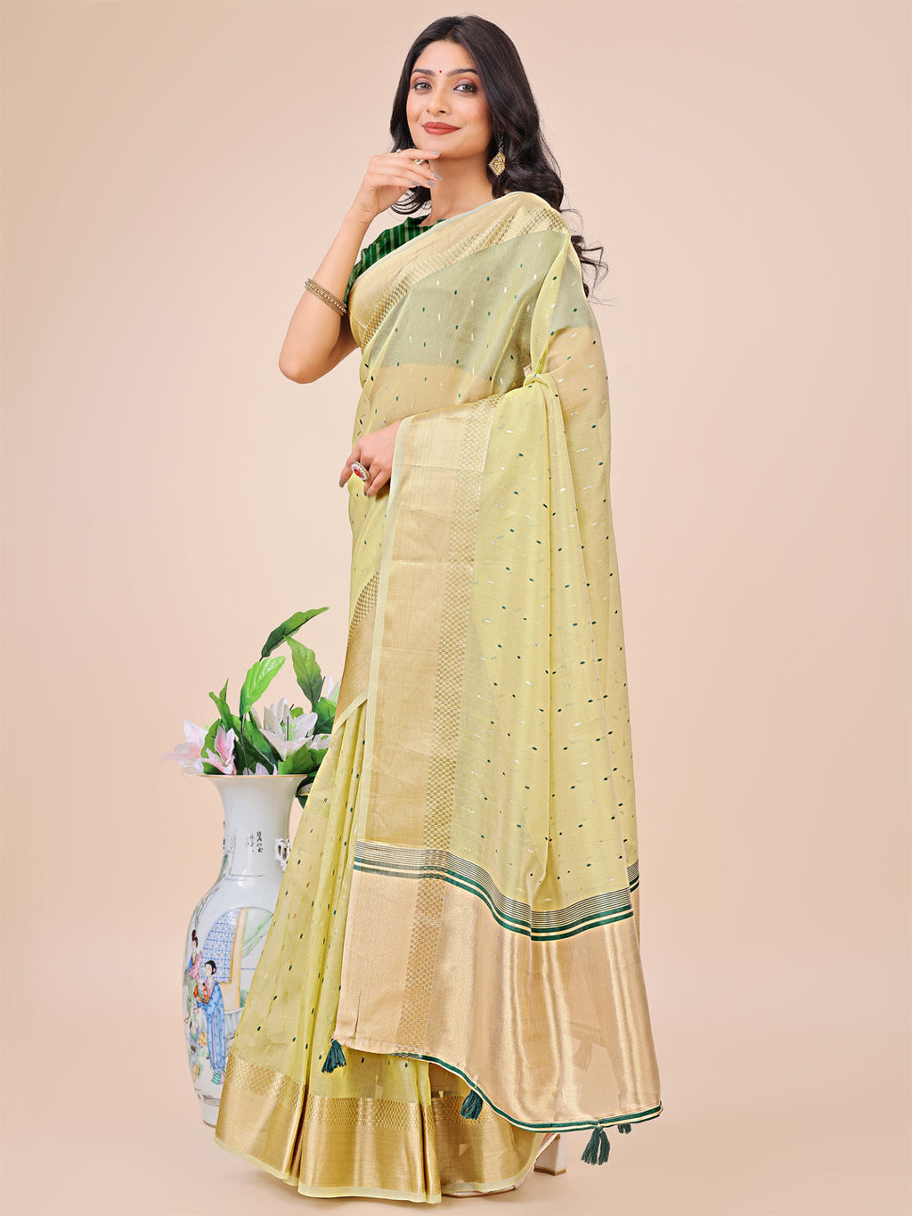 Shree Shyam Fashion Light Green Gold Organza Silk Saree - Lightweight Luxury for Your Ethnic Moments