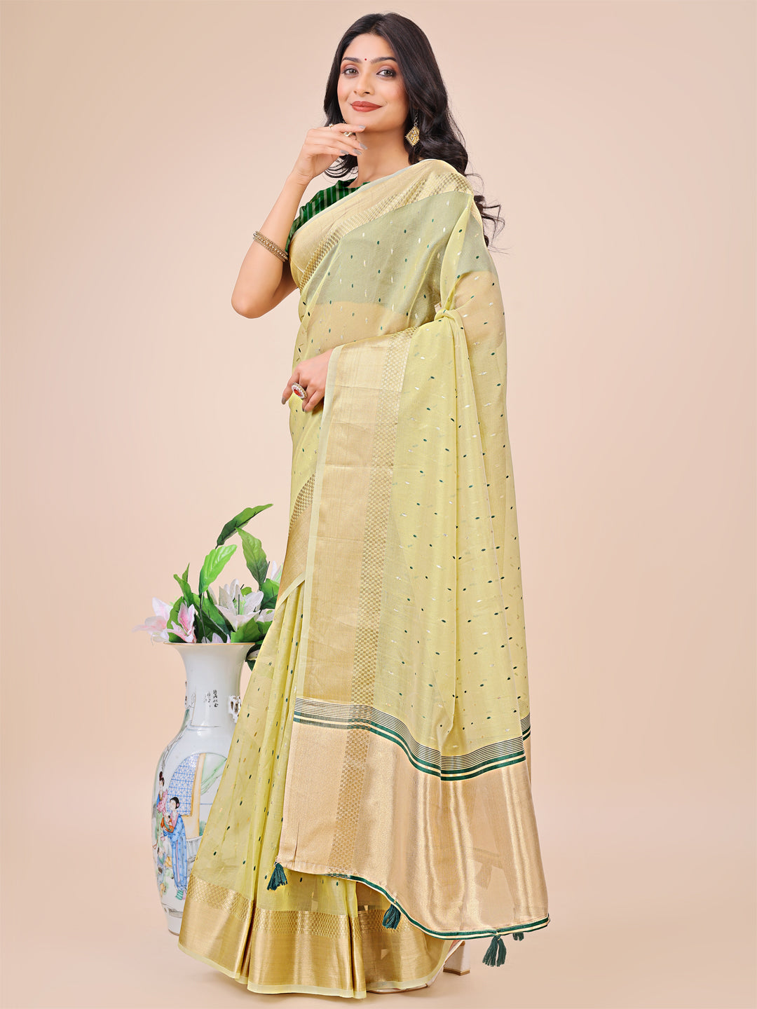 Shree Shyam Fashion Light Green Gold Organza Silk Saree - Lightweight Luxury for Your Ethnic Moments
