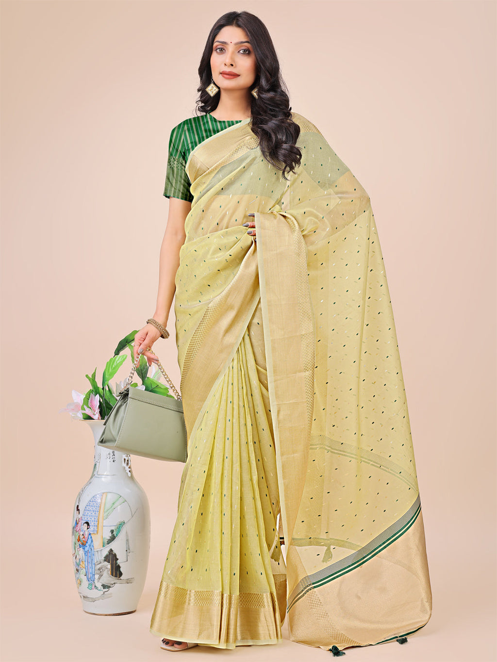 Shree Shyam Fashion Light Green Gold Organza Silk Saree - Lightweight Luxury for Your Ethnic Moments