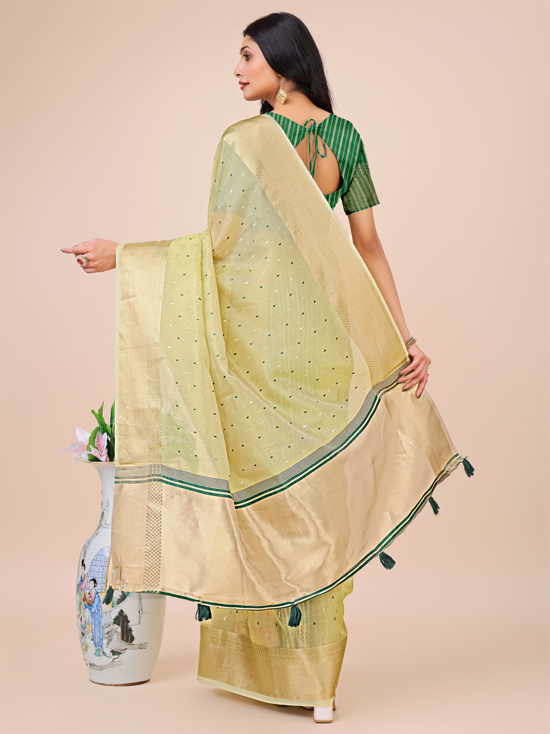 Shree Shyam Fashion Light Green Gold Organza Silk Saree - Lightweight Luxury for Your Ethnic Moments