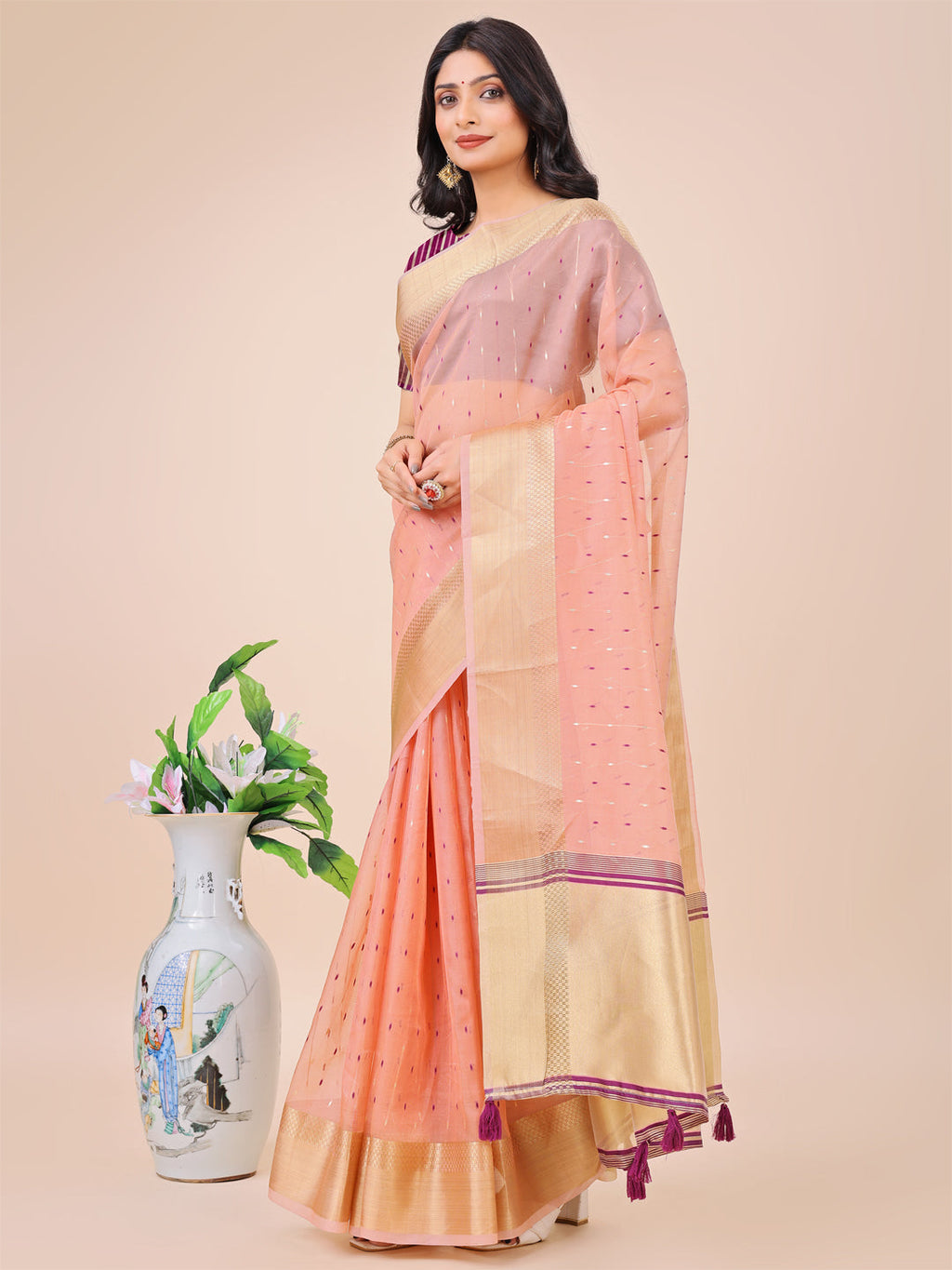 Shree Shyam Fashion Light Pink Gold Organza Silk Saree - Lightweight Luxury for Your Ethnic Moments