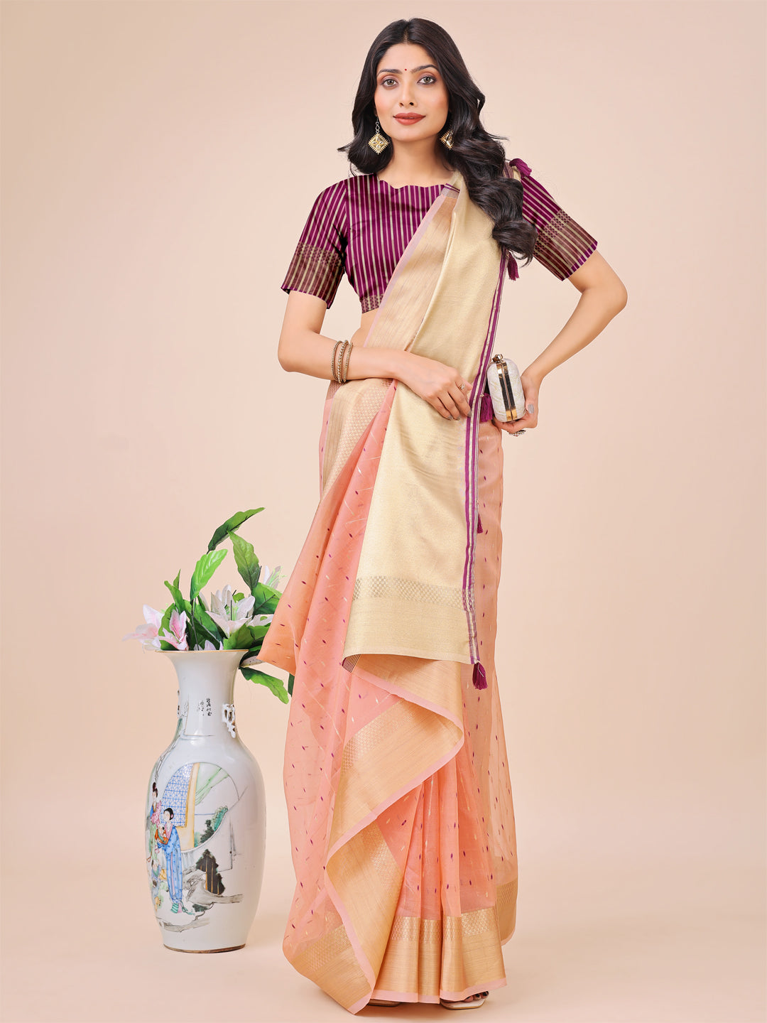Shree Shyam Fashion Light Pink Gold Organza Silk Saree - Lightweight Luxury for Your Ethnic Moments