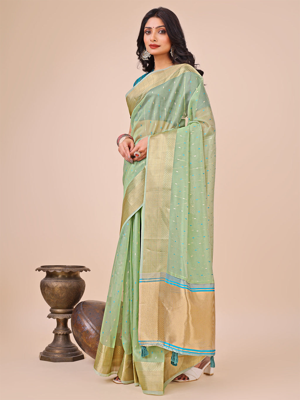 Shree Shyam Fashion Green Gold Organza Silk Saree - Lightweight Luxury for Your Ethnic Moments