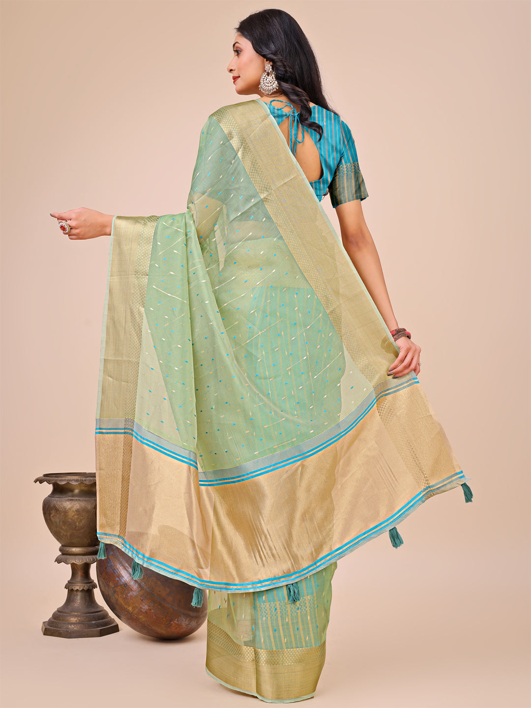 Shree Shyam Fashion Green Gold Organza Silk Saree - Lightweight Luxury for Your Ethnic Moments