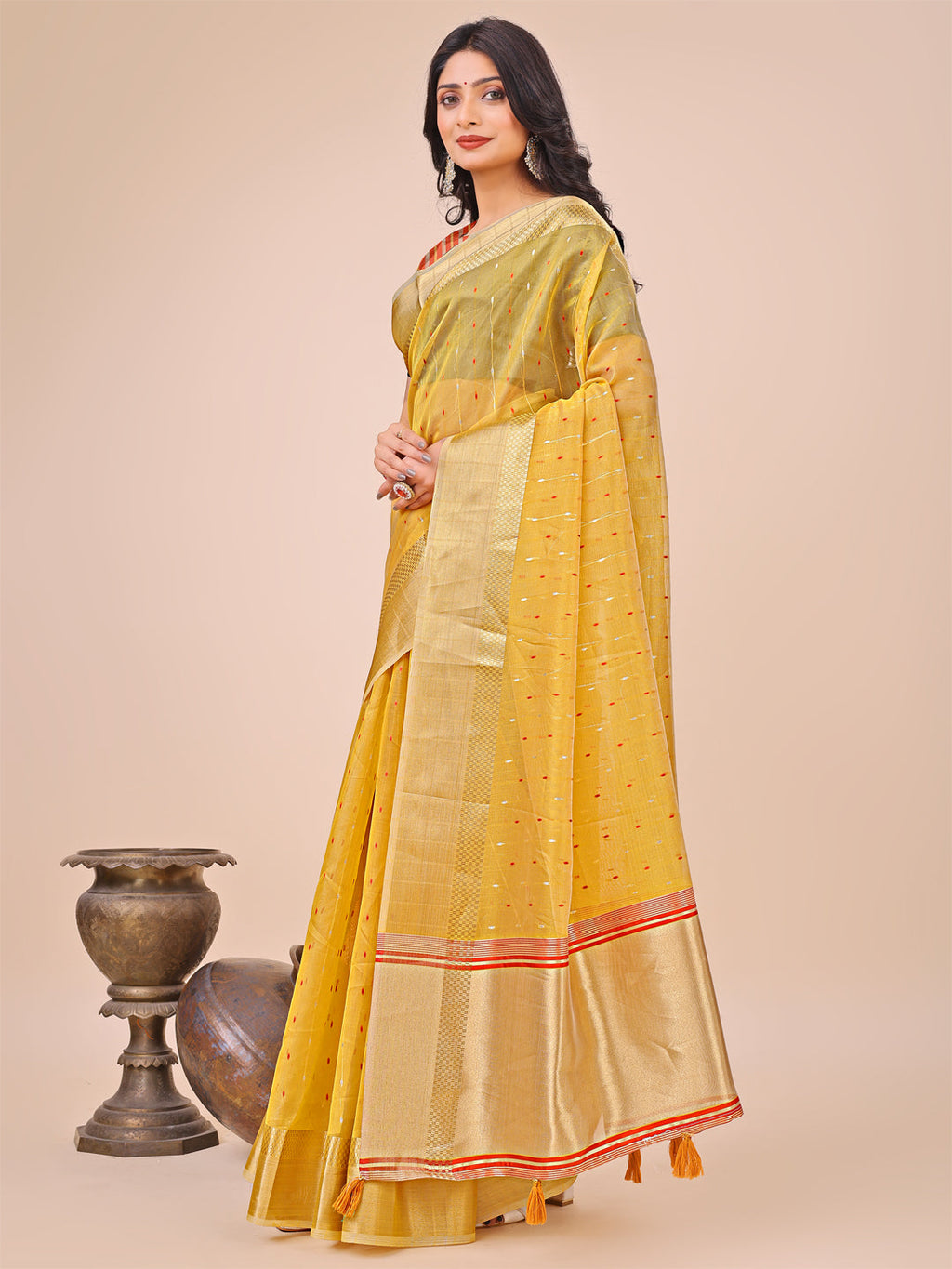 Shree Shyam Fashion Yellow Gold Organza Silk Saree - Lightweight Luxury for Your Ethnic Moments