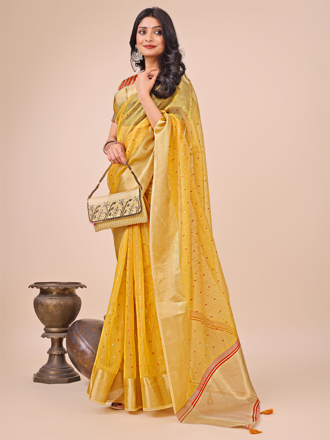 Shree Shyam Fashion Yellow Gold Organza Silk Saree - Lightweight Luxury for Your Ethnic Moments