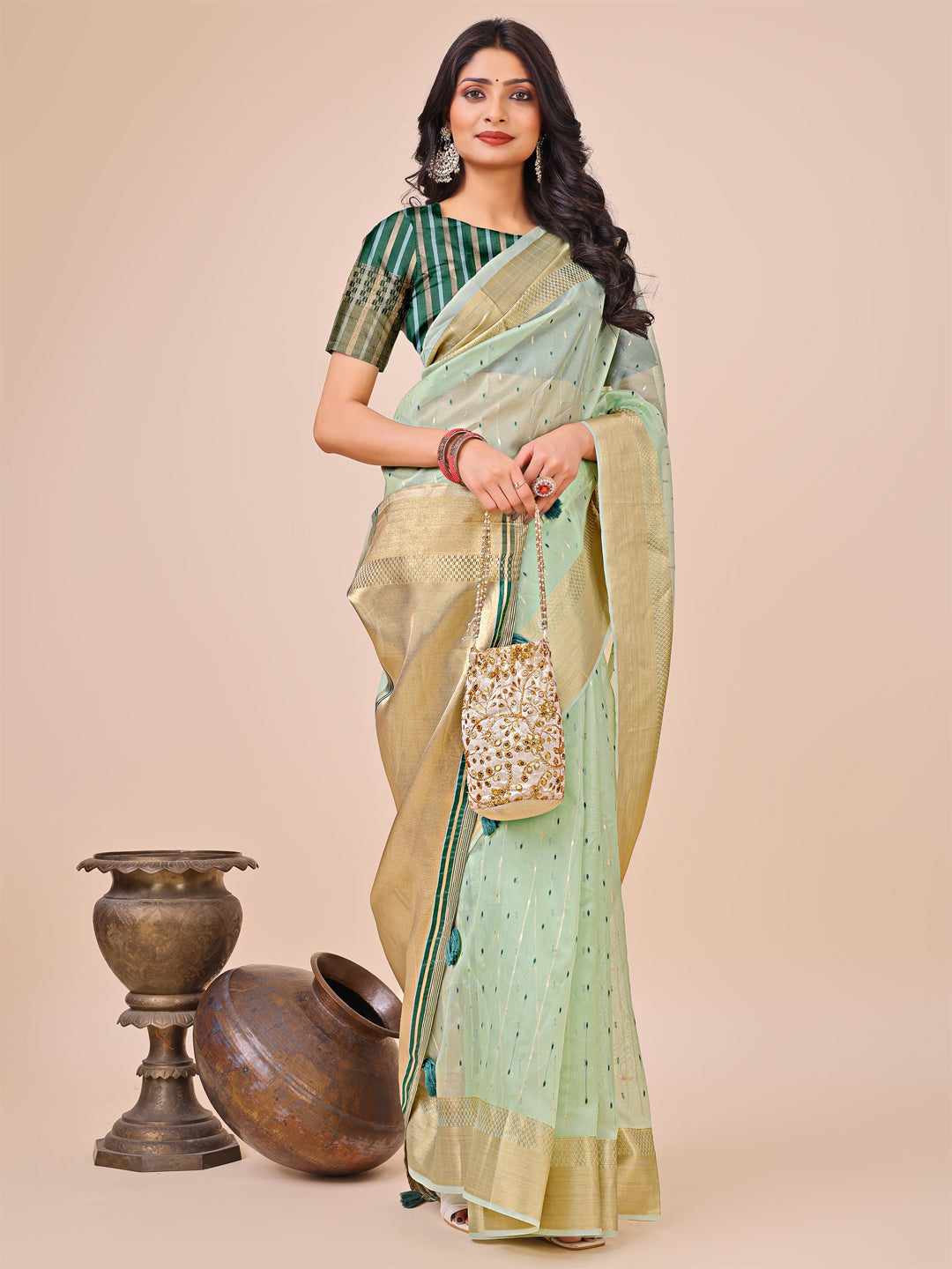 Shree Shyam Fashion Olive Green Gold Organza Silk Saree - Lightweight Luxury for Your Ethnic Moments