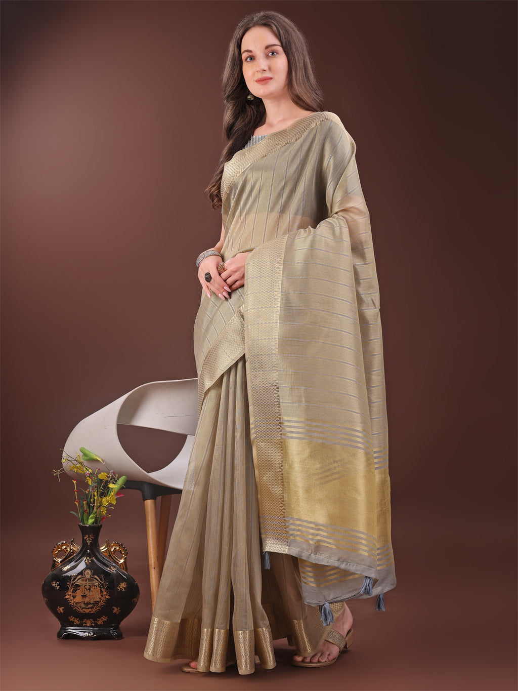 Shree Shyam Fashion Elegant Gold Beige Organza Saree with Zari Border | Party Wear Lightweight Saree with Blouse for Women