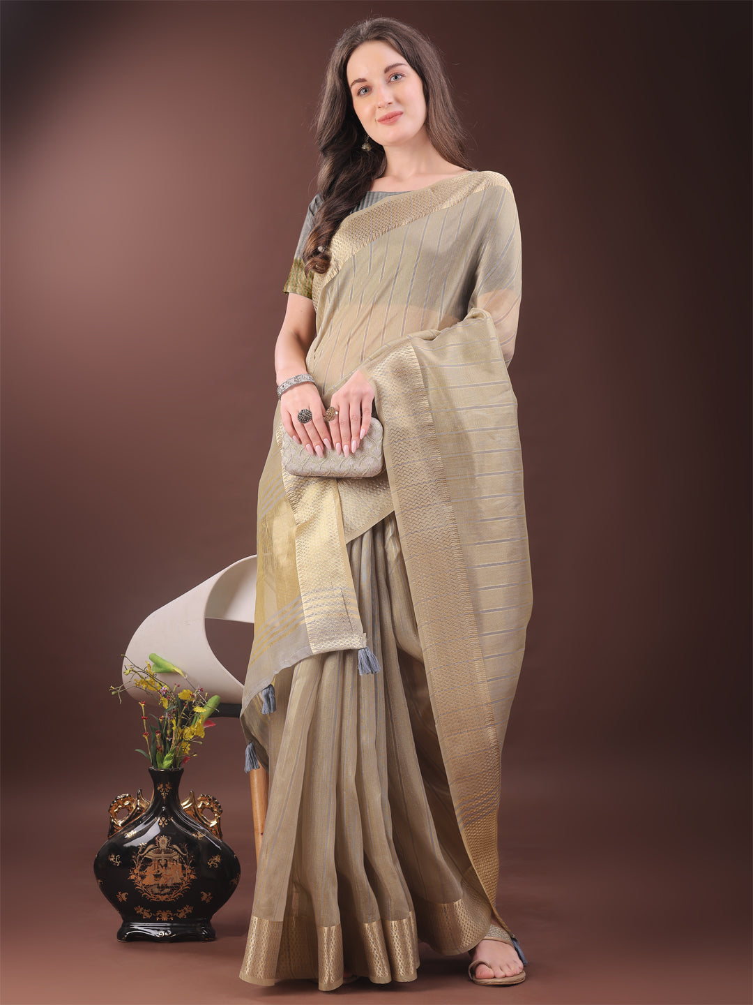 Shree Shyam Fashion Elegant Gold Beige Organza Saree with Zari Border | Party Wear Lightweight Saree with Blouse for Women