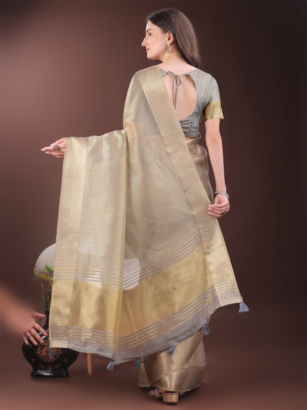 Shree Shyam Fashion Elegant Gold Beige Organza Saree with Zari Border | Party Wear Lightweight Saree with Blouse for Women