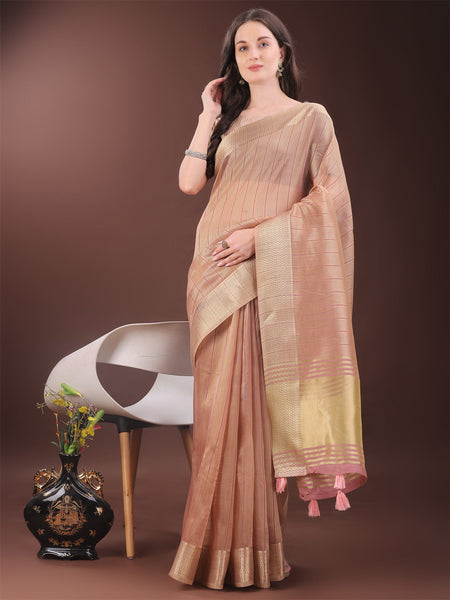 Shree Shyam Fashion Elegant Gold Peach Organza Saree with Zari Border | Party Wear Lightweight Saree with Blouse for Women