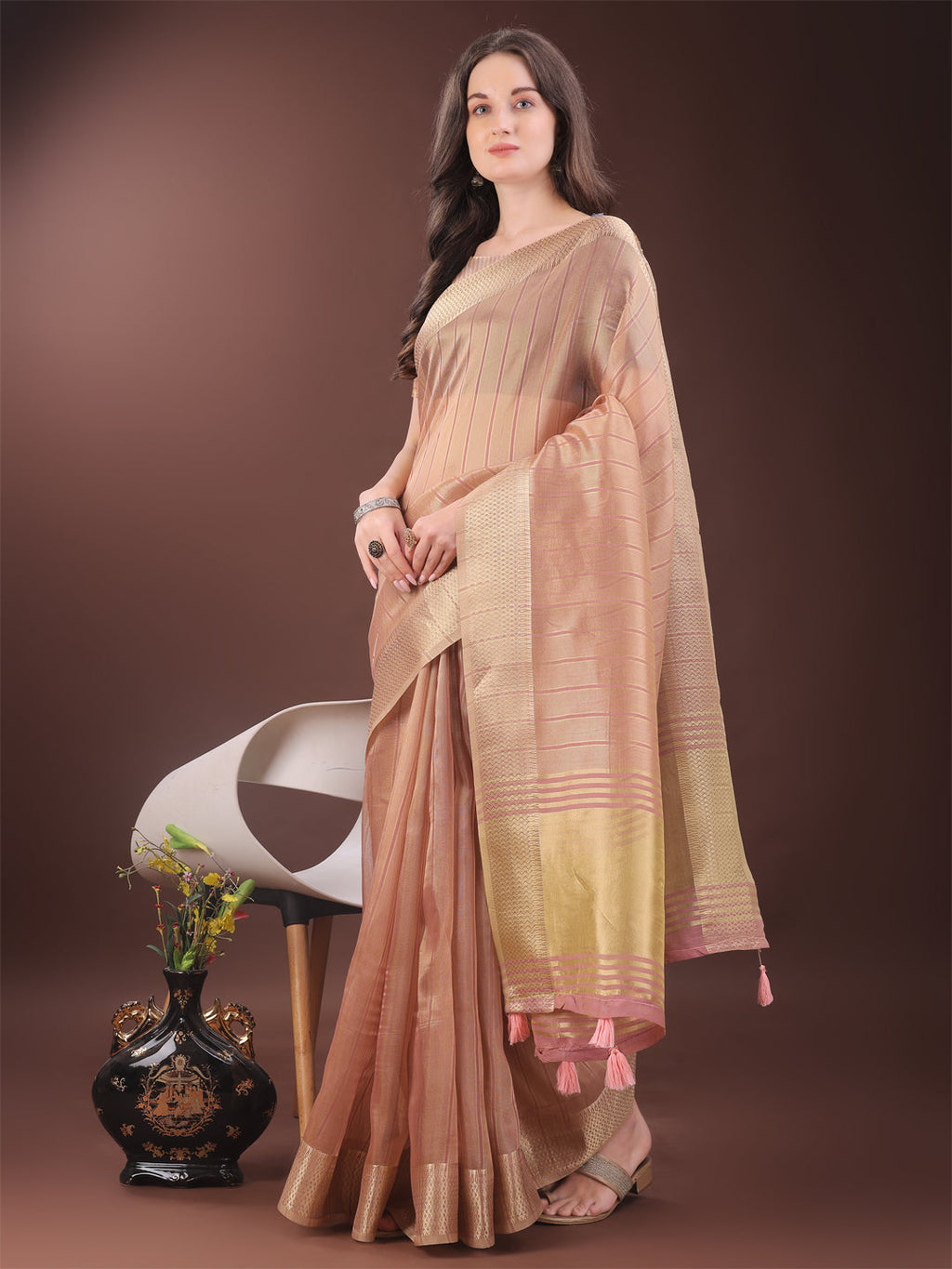 Shree Shyam Fashion Elegant Gold Peach Organza Saree with Zari Border | Party Wear Lightweight Saree with Blouse for Women
