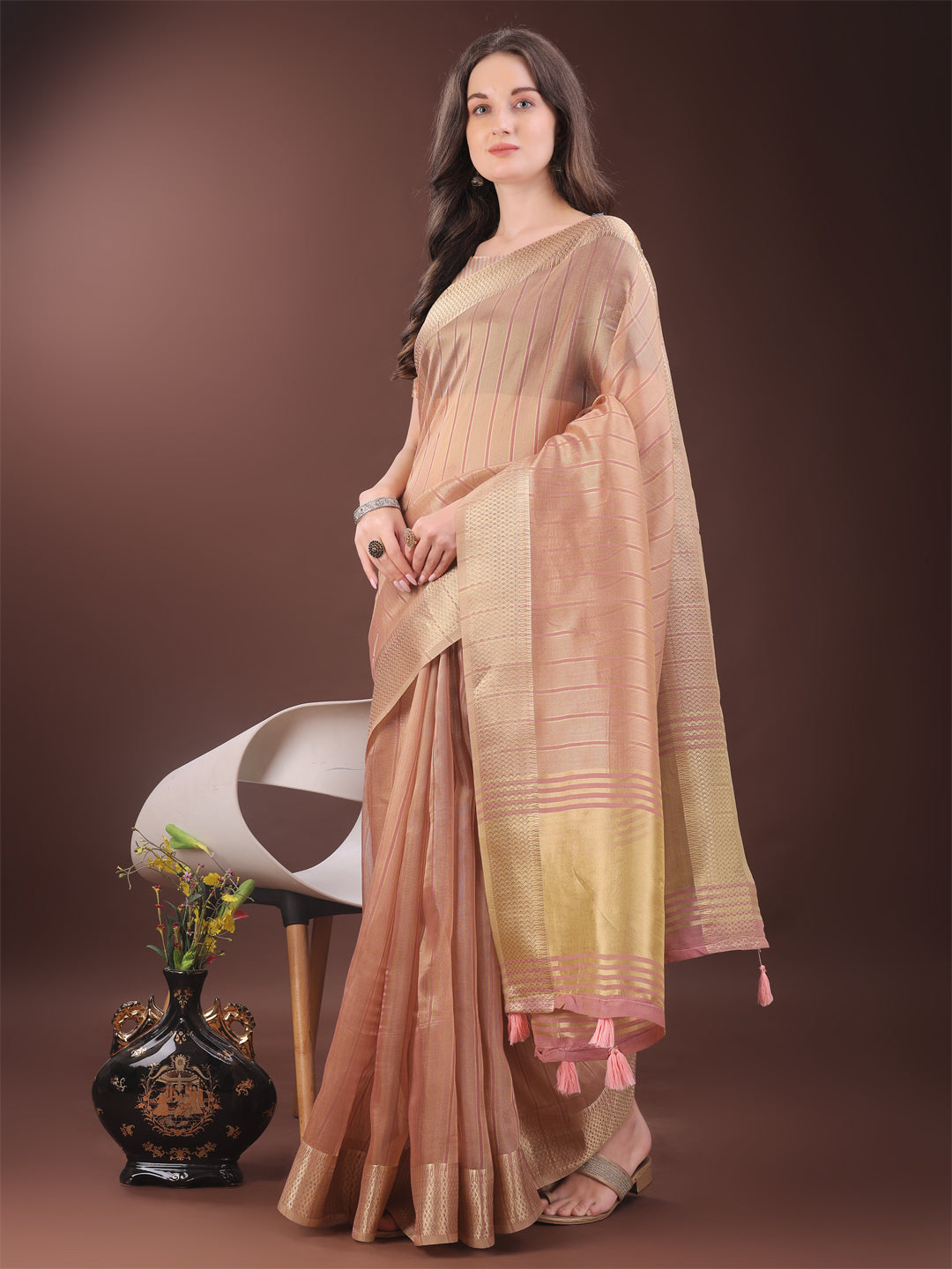Shree Shyam Fashion Elegant Gold Peach Organza Saree with Zari Border | Party Wear Lightweight Saree with Blouse for Women
