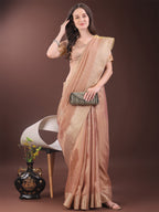 Shree Shyam Fashion Elegant Gold Peach Organza Saree with Zari Border | Party Wear Lightweight Saree with Blouse for Women
