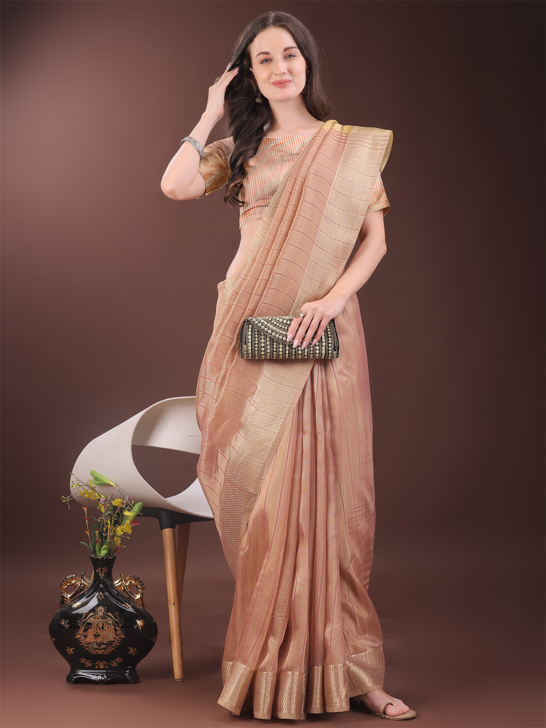 Shree Shyam Fashion Elegant Gold Peach Organza Saree with Zari Border | Party Wear Lightweight Saree with Blouse for Women
