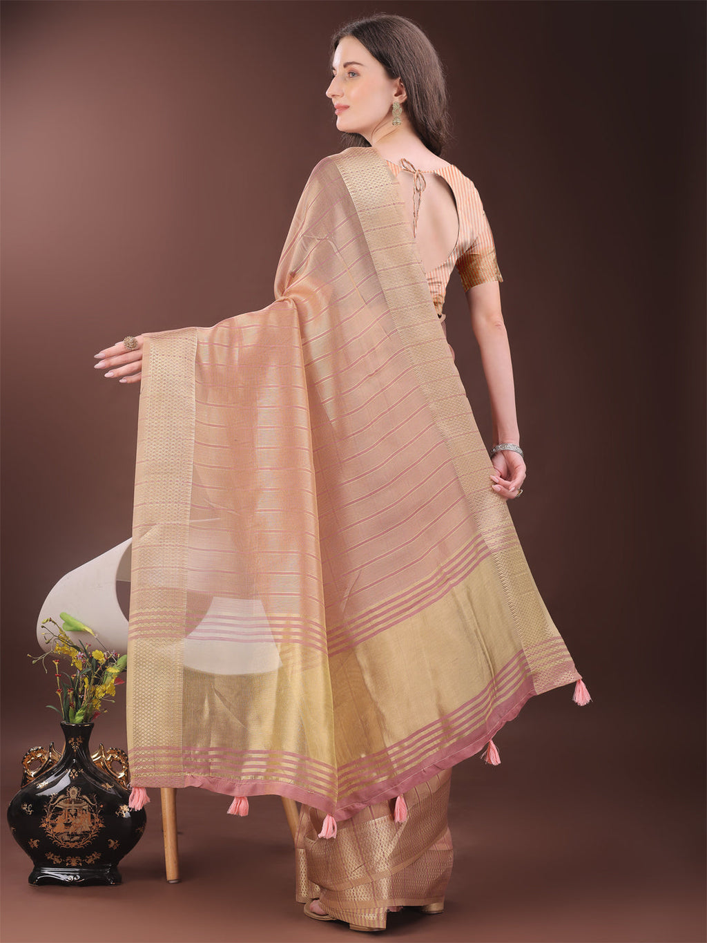 Shree Shyam Fashion Elegant Gold Peach Organza Saree with Zari Border | Party Wear Lightweight Saree with Blouse for Women